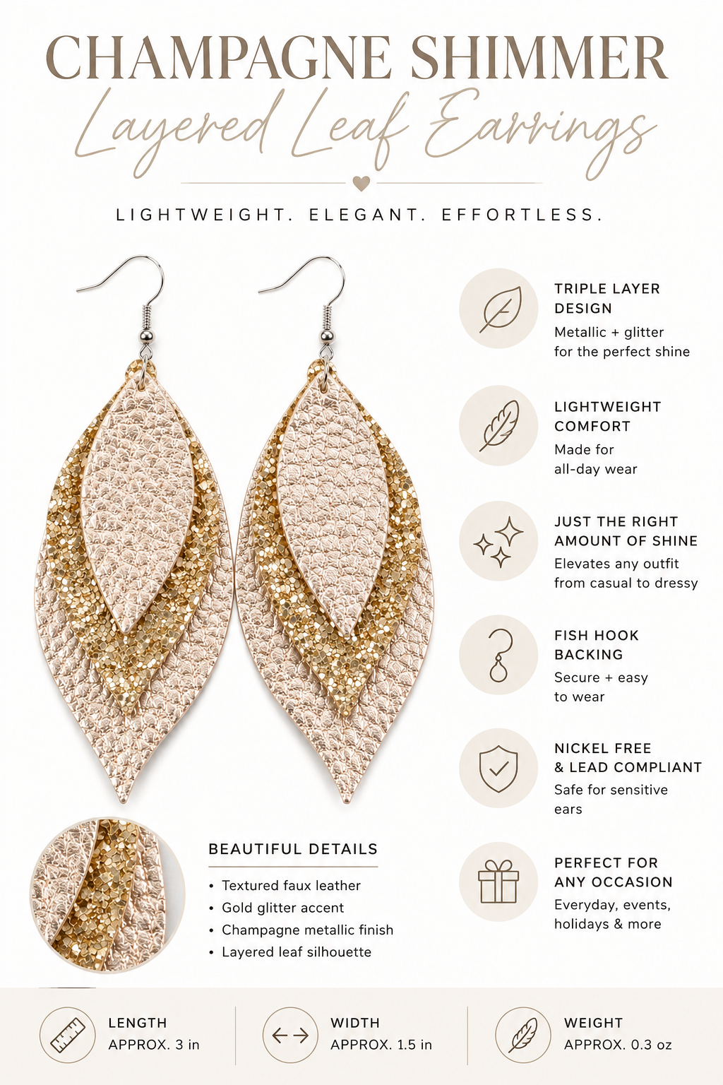 Champagne Shimmer Layered Leaf Earrings