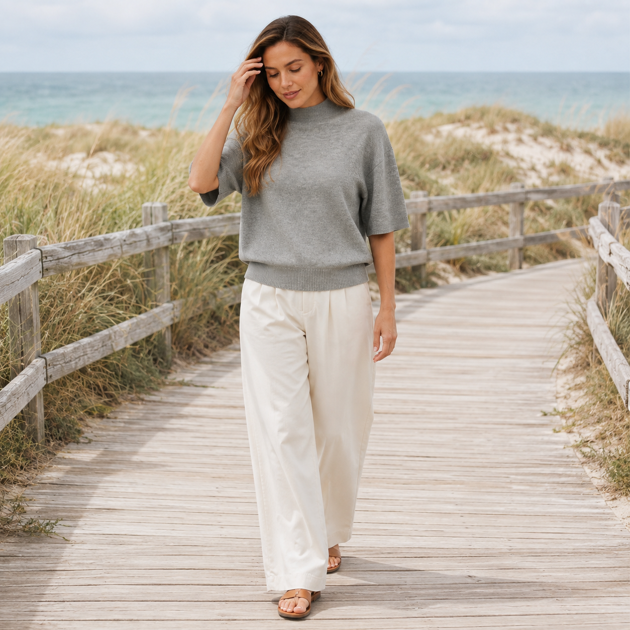West End Heather Grey Mock Neck Short Sleeve Sweater