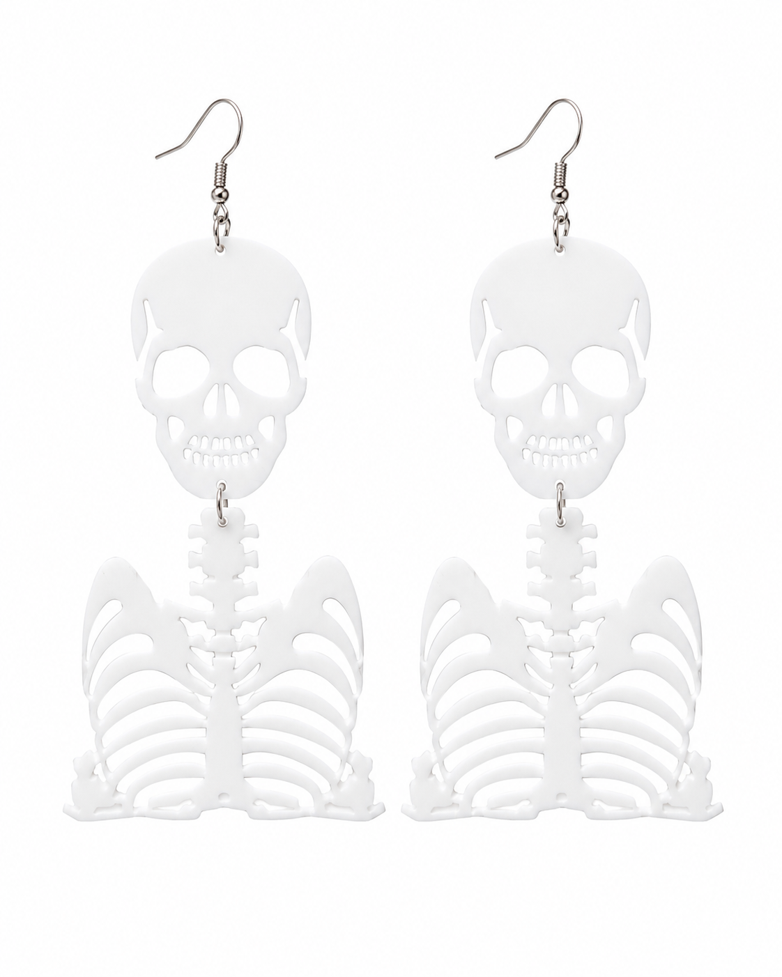 Ghostly Bones white skeleton earrings with skull and rib cage design on a clean white background