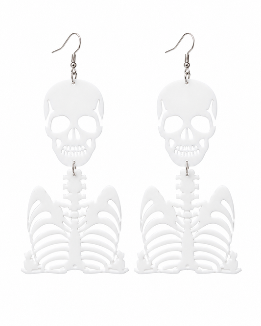 Ghostly Bones white skeleton earrings with skull and rib cage design on a clean white background