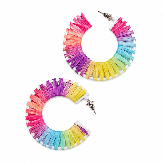 Cotton Candy Rainbow Raffia Hoop Earrings