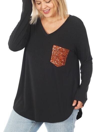 Long Sleeve V-Neck Orange Sequin Pocket Top - The Bling Barn western fashion jewelry
