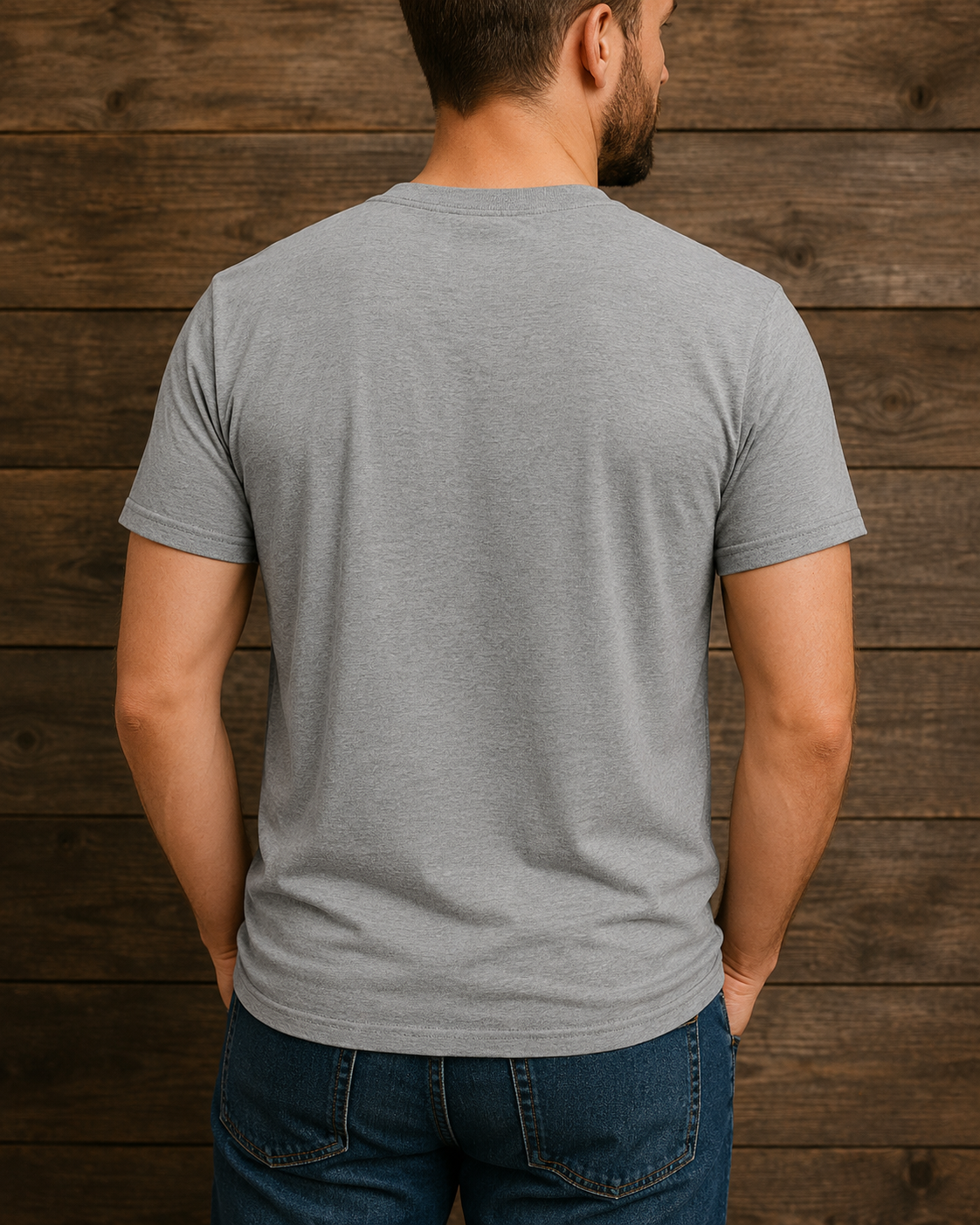 Back view of heather gray FrankenDad short sleeve tee on male model against a rustic wood background