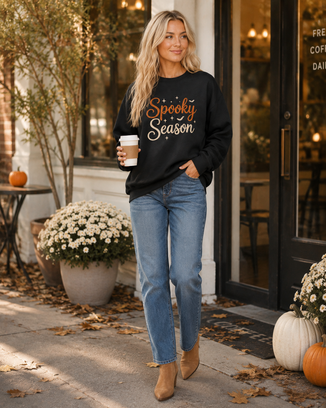 Emma styling the black Spooky Season sweatshirt with denim while holding a coffee outside a cozy café.