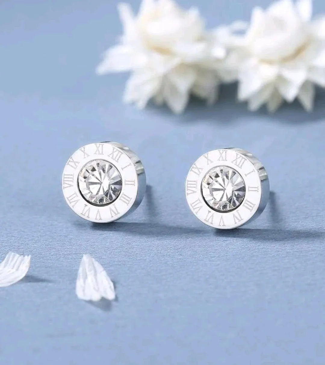 Small Rhinestone Stud Earrings with Roman Numeral Details in Silver - The Bling Barn