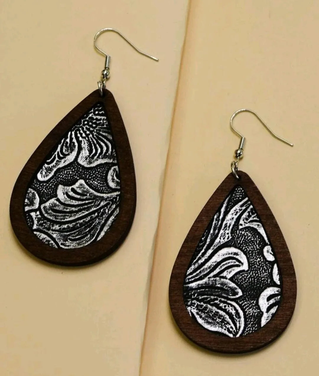 Embossed Vegan Leather Teardrop Wood Earrings - The Bling Barn