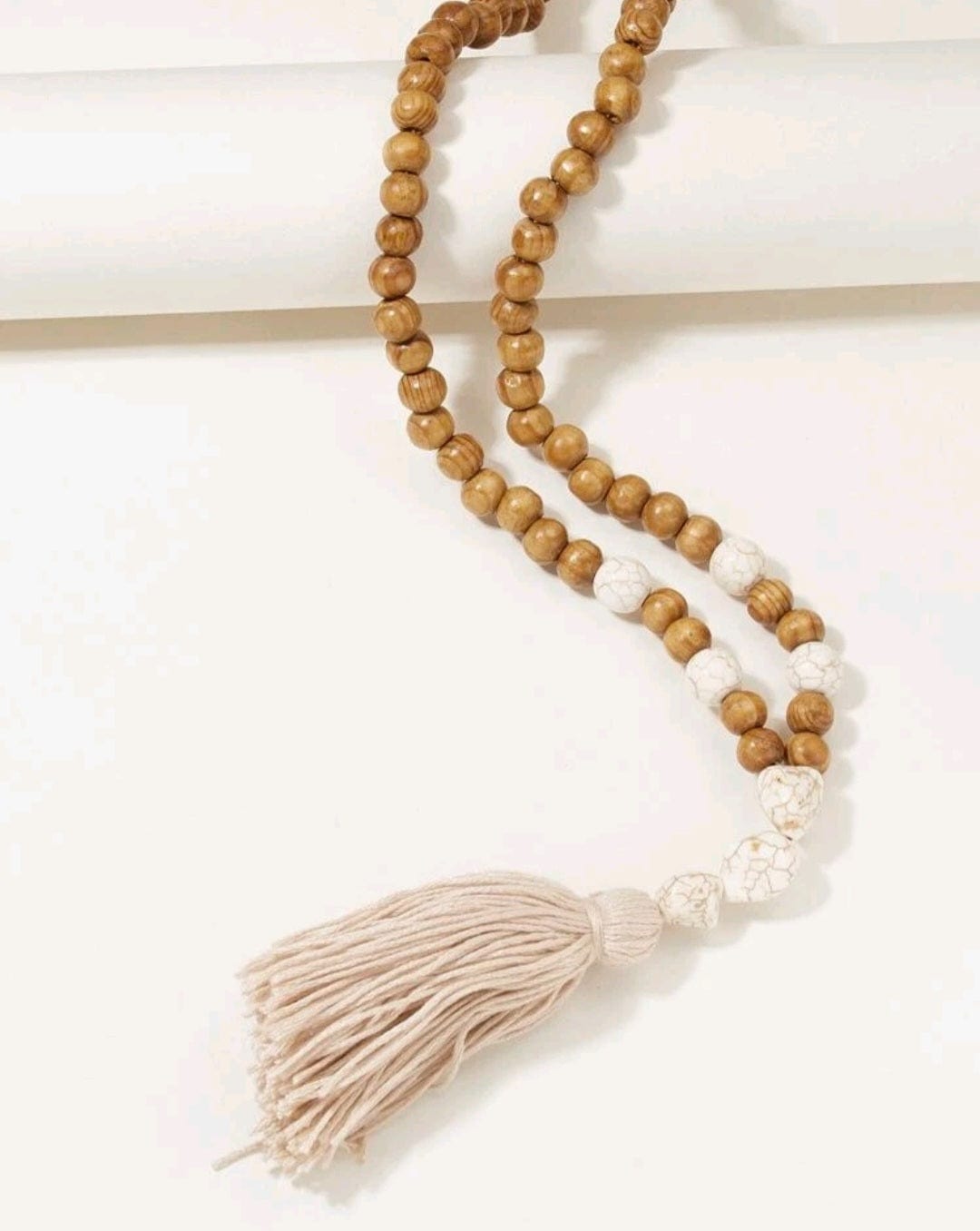 Natural Wood Bead Tassel Necklace - The Bling Barn