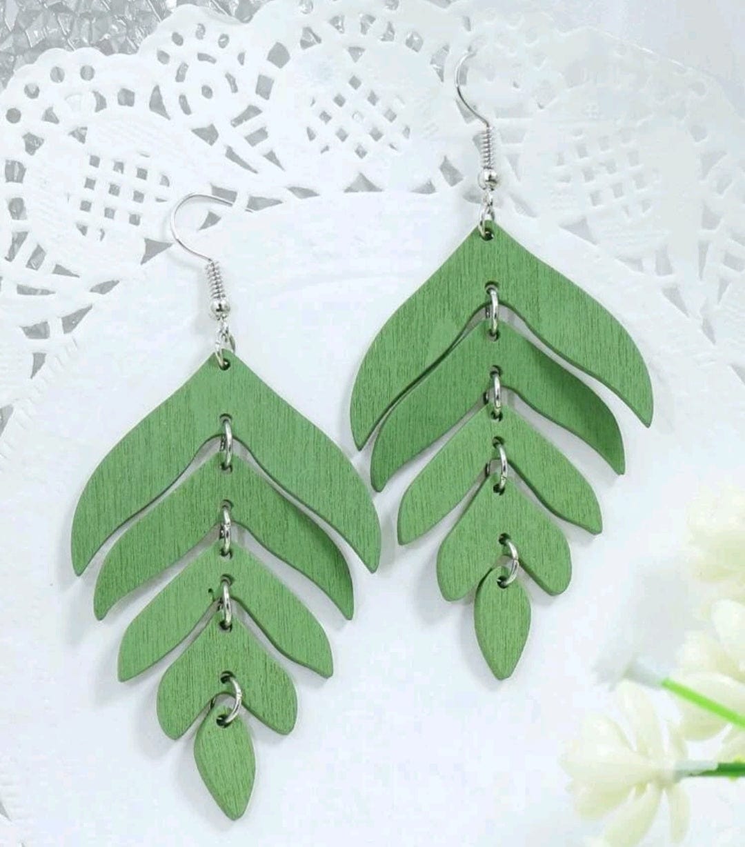 As Fall Begins Wood Leaf Earrings In Green