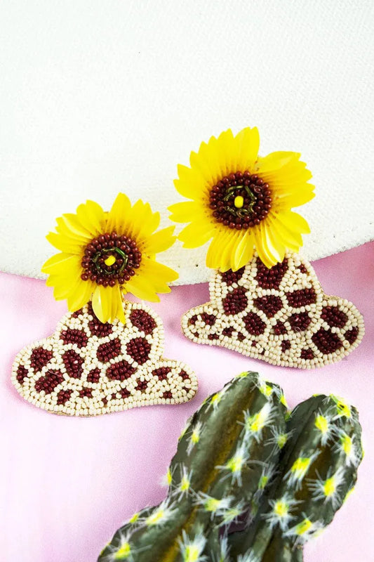 Sunflower Rodeo Brown Hat Seed Bead Earrings