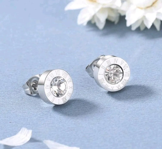 Small Rhinestone Stud Earrings with Roman Numeral Details in Silver - The Bling Barn