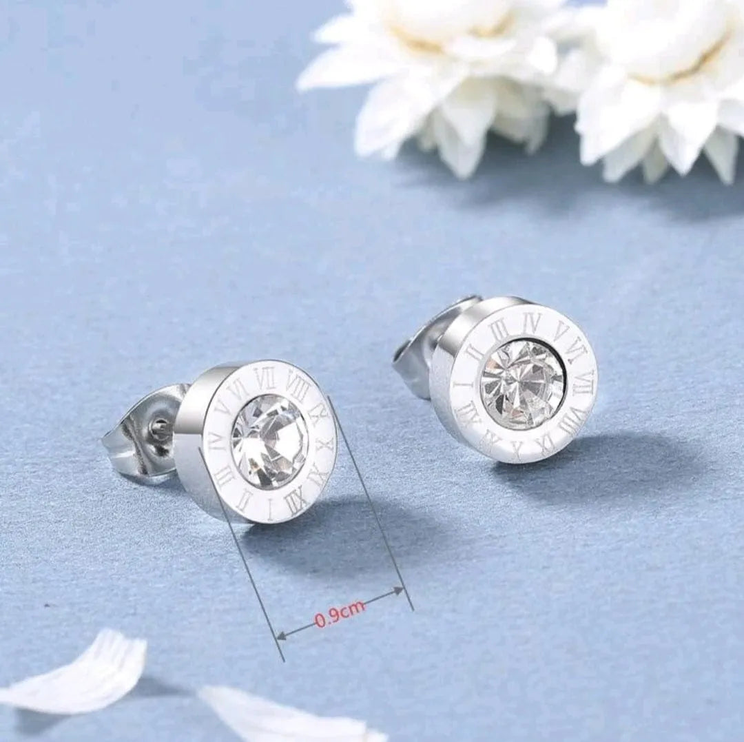 Small Rhinestone Stud Earrings with Roman Numeral Details in Silver - The Bling Barn