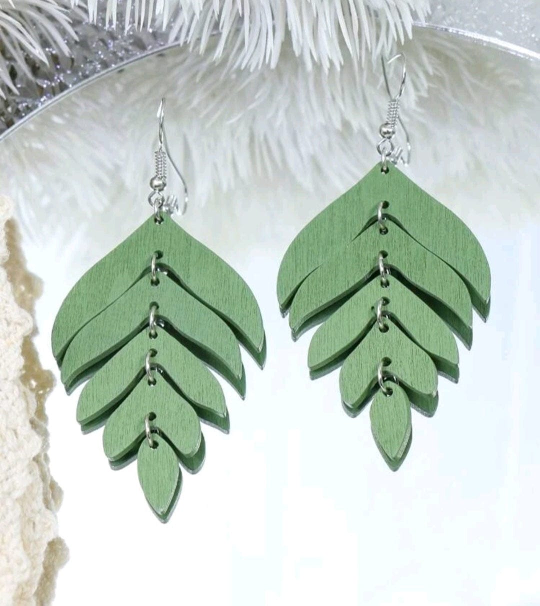 As Fall Begins Wood Leaf Earrings In Green