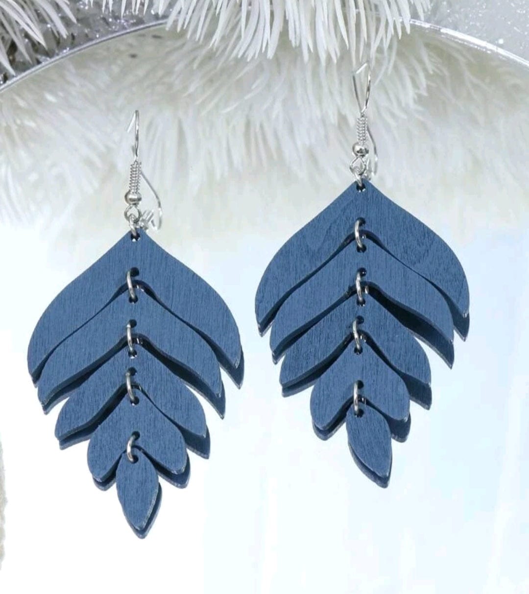 As Fall Begins Wood Leaf Earrings In Blue