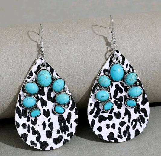 Snow Cow Leopard Teardrop Earrings