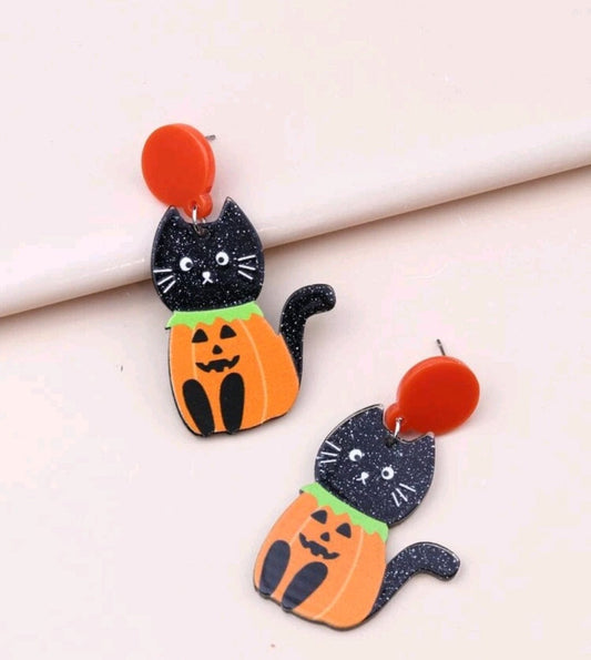 Cute Cat In The Pumpkin Halloween Earrings - The Bling Barn western fashion jewelry
