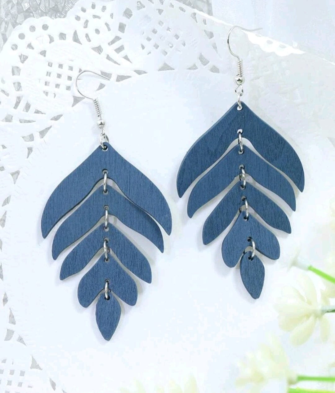 As Fall Begins Wood Leaf Earrings In Blue