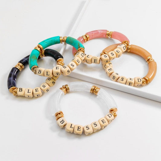 Milky Tube Bead Stretch Bracelet with Wood Letters