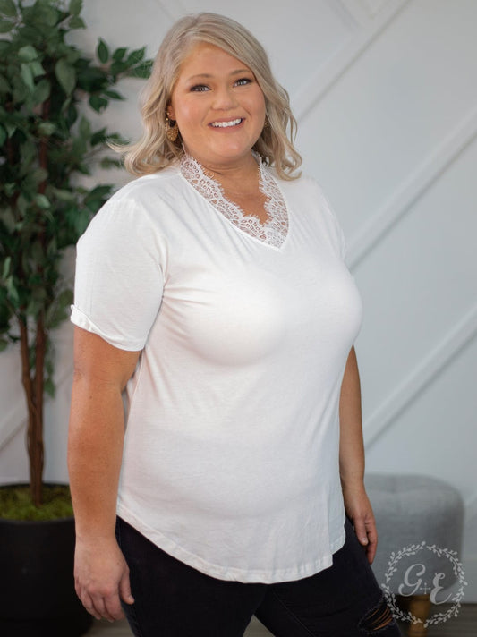 V Neck With Lace Trim in White - The Bling Barn