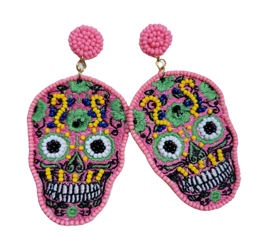Pink Sugar Skull Seed Bead Earrings - The Bling Barn western fashion jewelry
