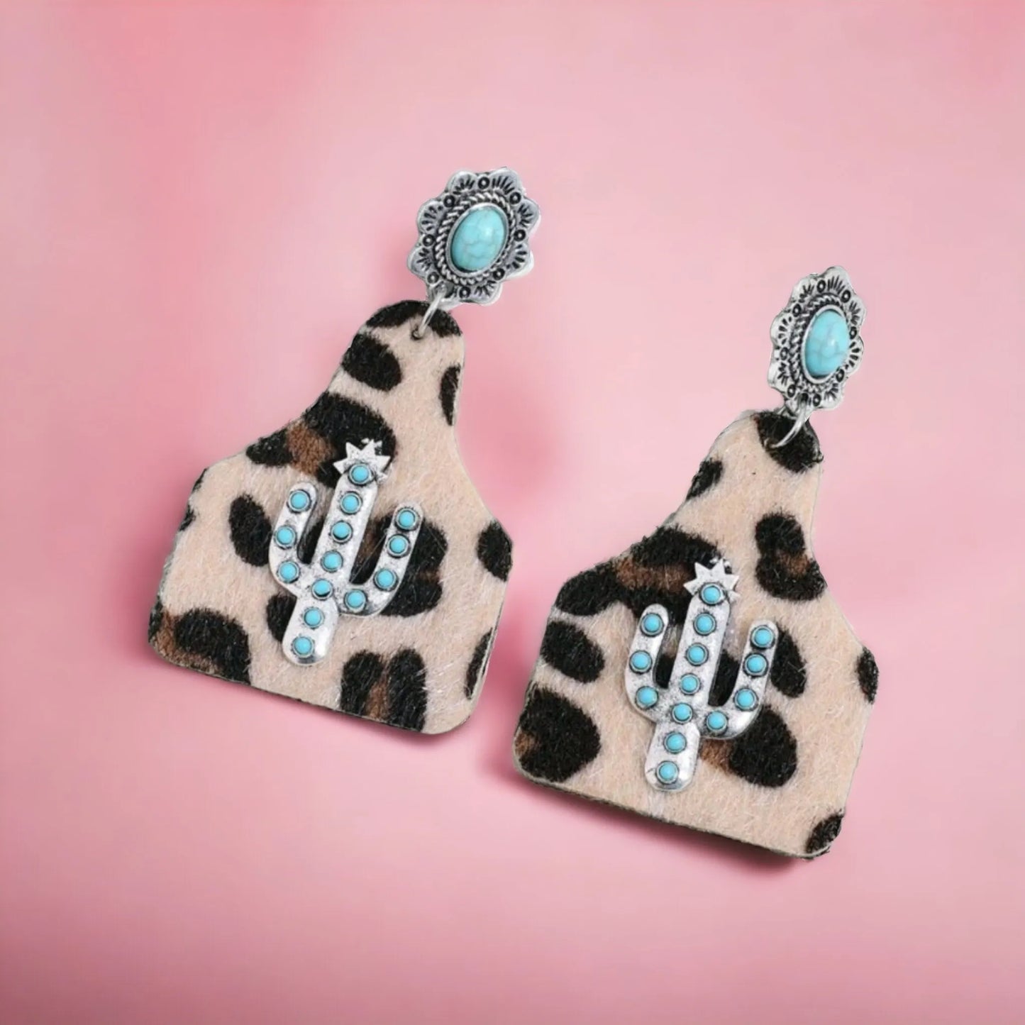 Leopard Western Tag and Turquoise Stone Earrings