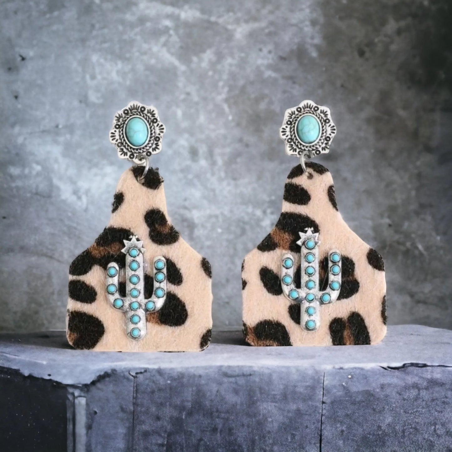 Leopard Western Tag and Turquoise Stone Earrings