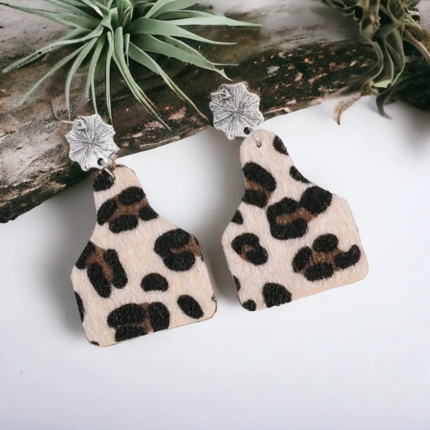 Leopard Western Tag and Turquoise Stone Earrings