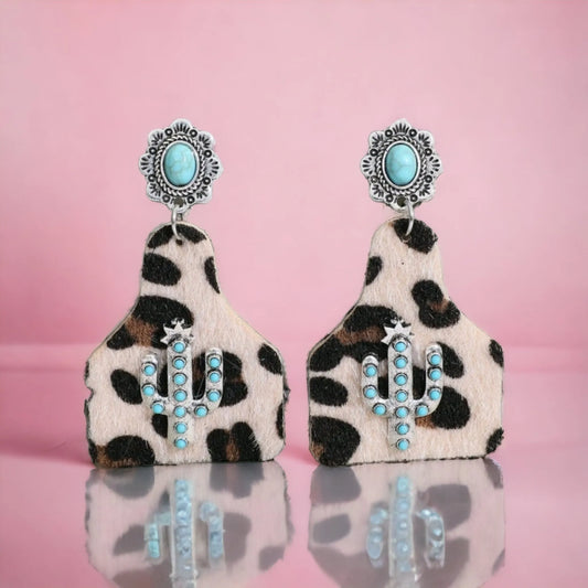 Leopard Western Tag and Turquoise Stone Earrings