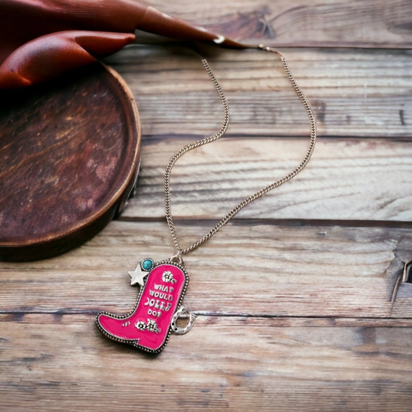 What Would Dolly Do, Western Pink Boot Necklace