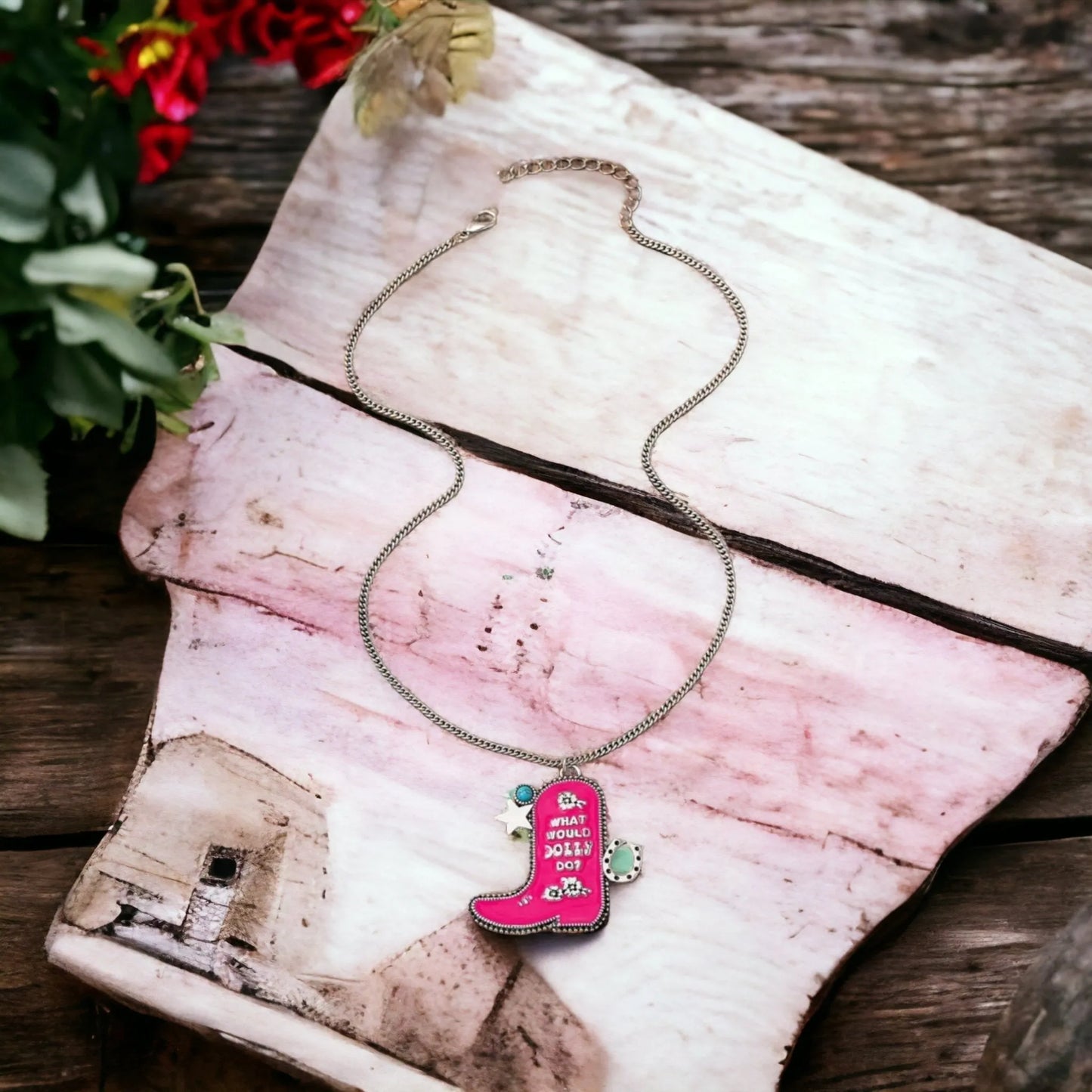 What Would Dolly Do, Western Pink Boot Necklace