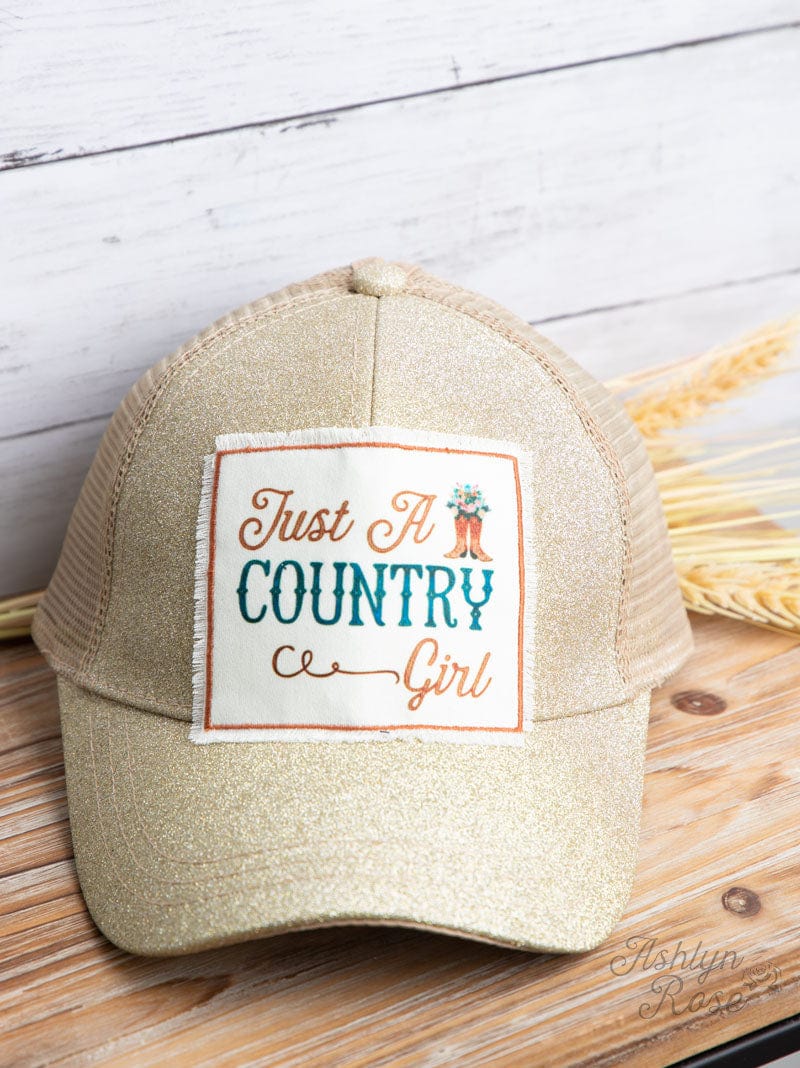 Just A Country Girl Patch On Gold Glitter Trucker Hat - The Bling Barn