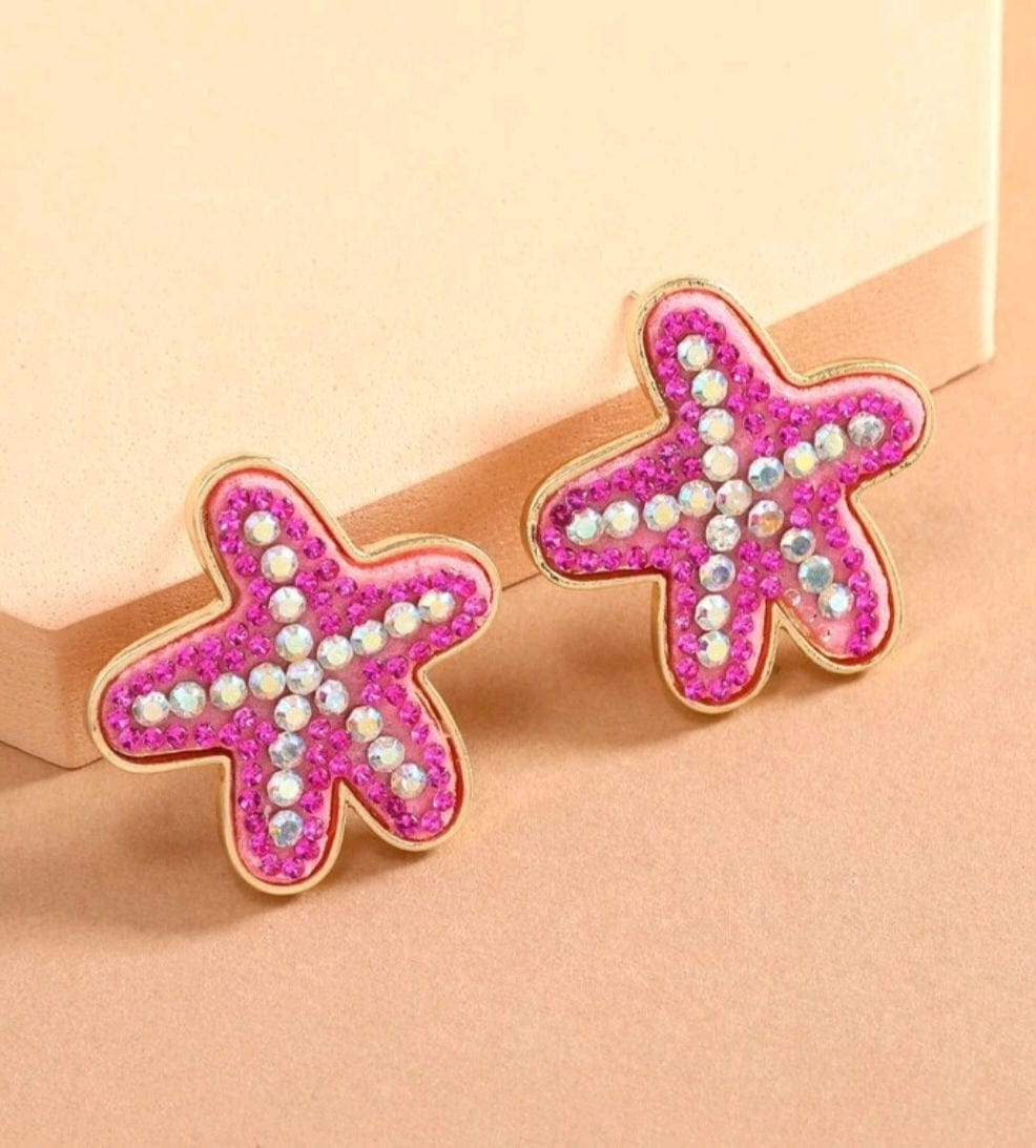 Pink Starfish At A Pink Beach Rhinestone Stud Earrings - The Bling Barn