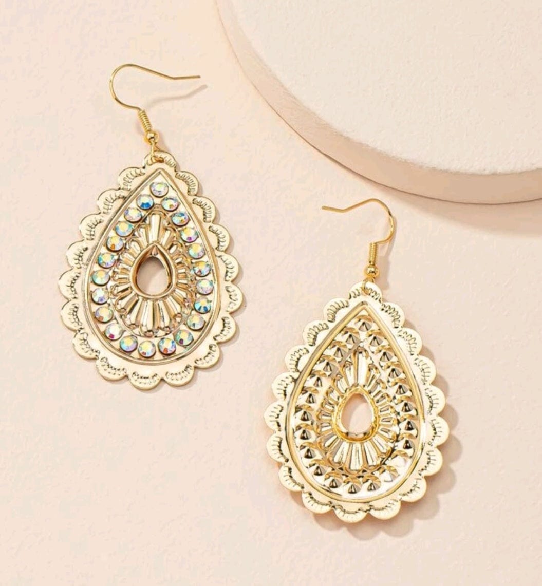 Teardrop Medallion Glitz Gold AB Rhinestone Earrings - The Bling Barn