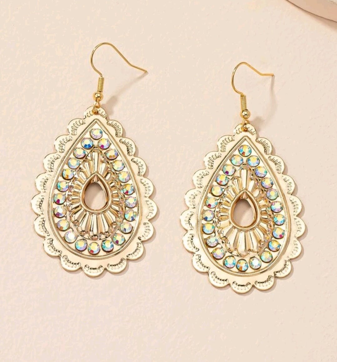 Teardrop Medallion Glitz Gold AB Rhinestone Earrings - The Bling Barn