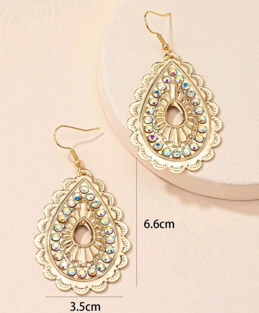 Teardrop Medallion Glitz Gold AB Rhinestone Earrings - The Bling Barn