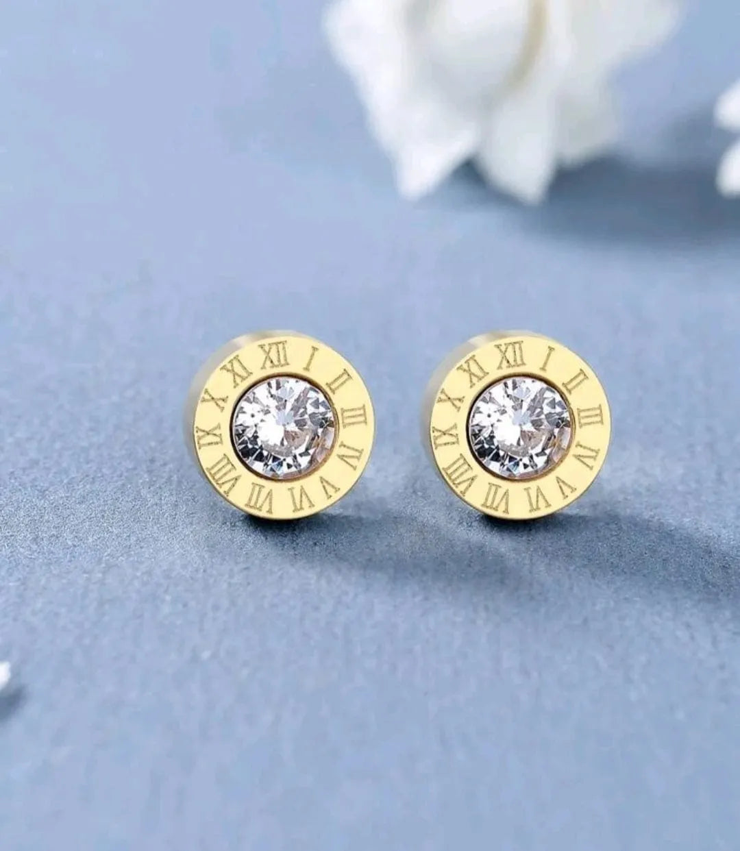 Small Rhinestone Stud Earrings with Roman Numeral Details in Gold - The Bling Barn