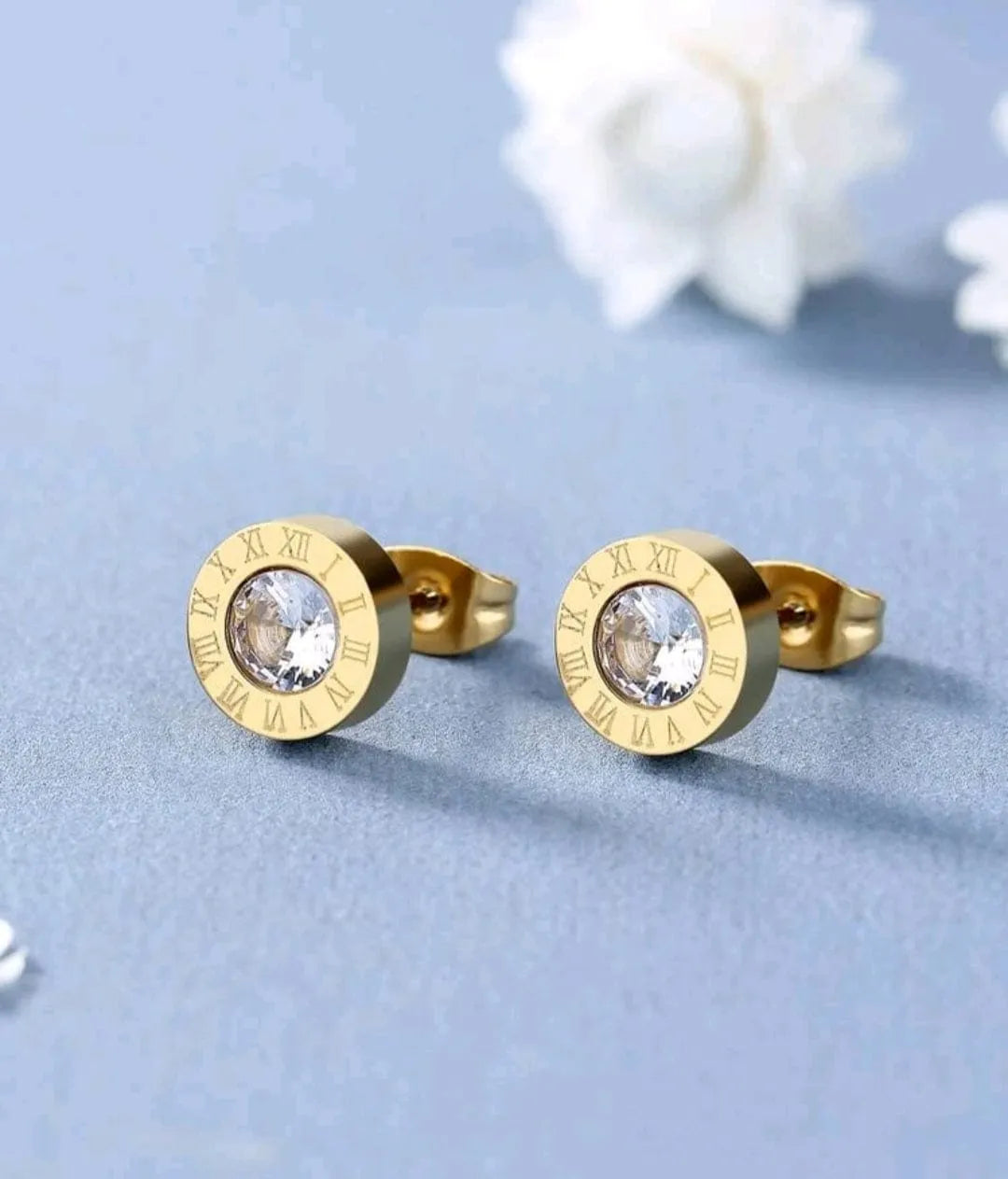 Small Rhinestone Stud Earrings with Roman Numeral Details in Gold - The Bling Barn