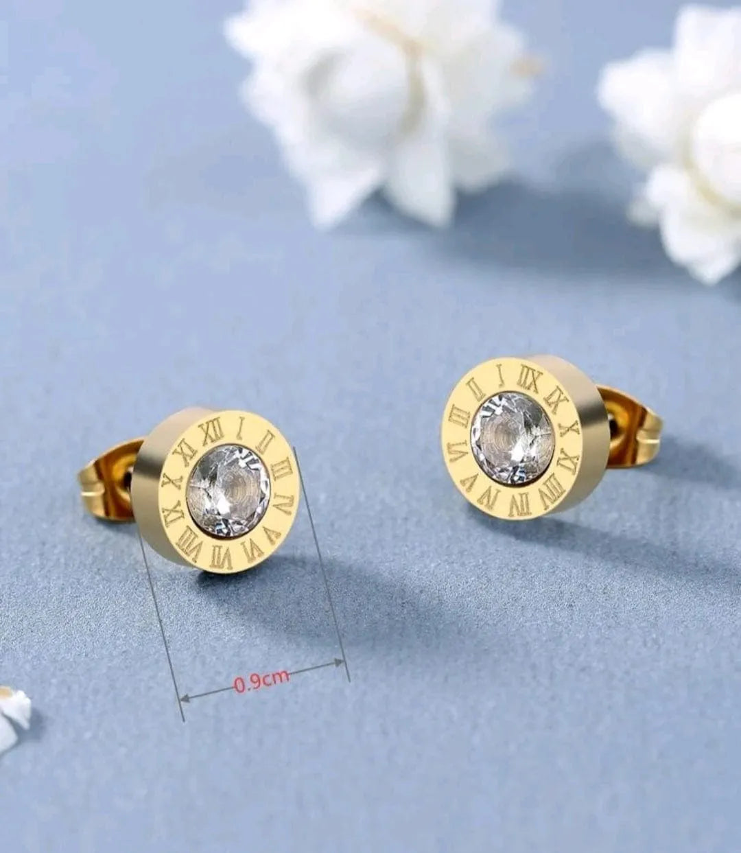 Small Rhinestone Stud Earrings with Roman Numeral Details in Gold - The Bling Barn