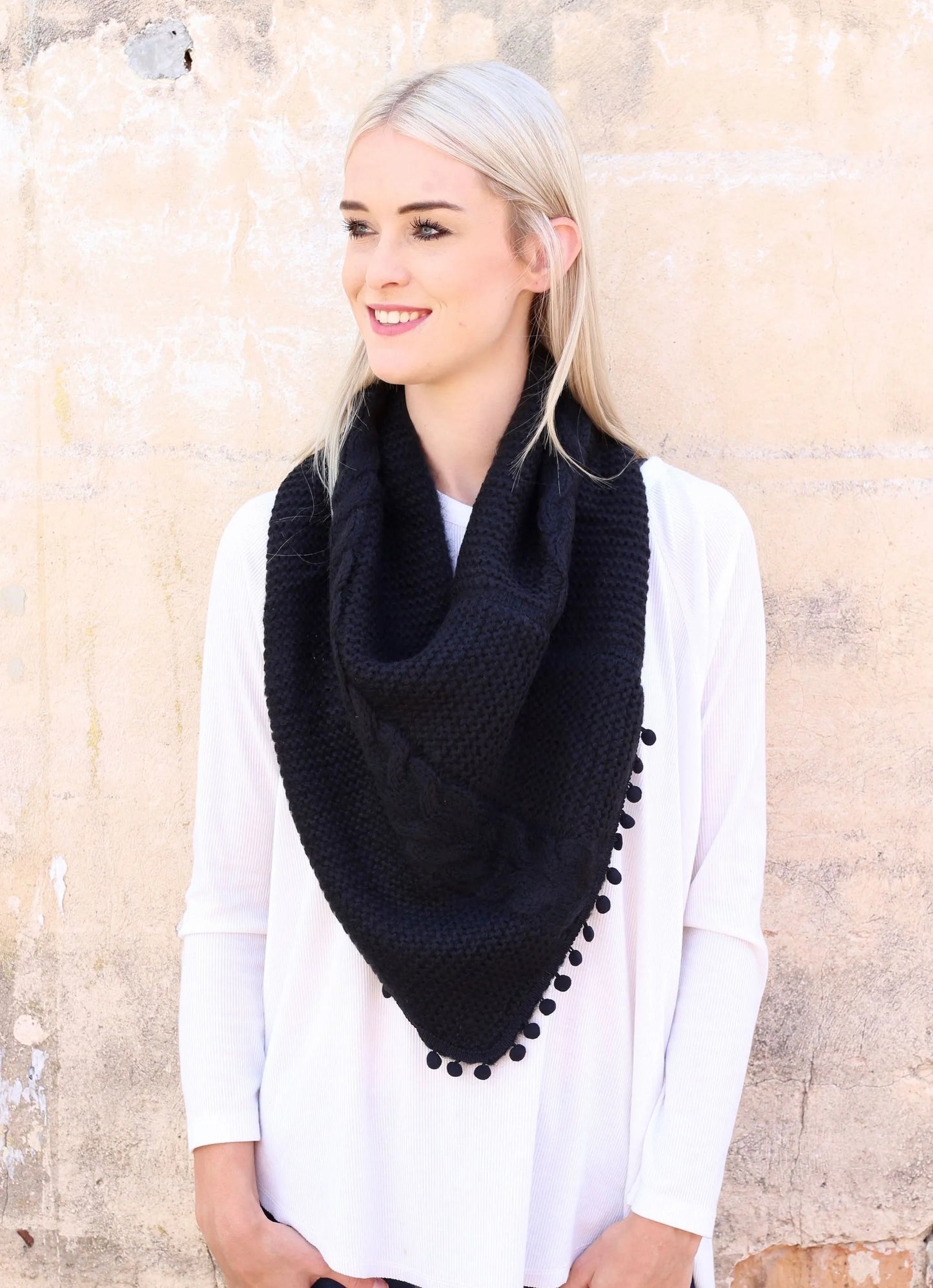 Aisha Loop Scarf with Pop Pom Trim BLACK