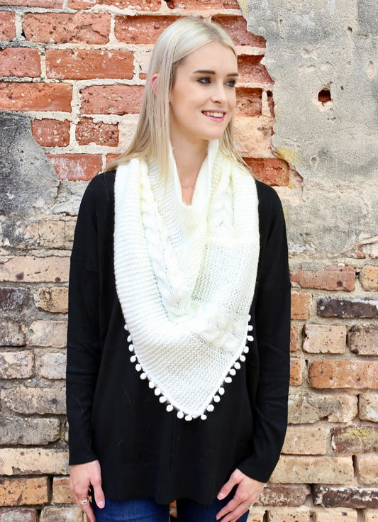 Aisha Loop Scarf with Pop Pom Trim CREAM