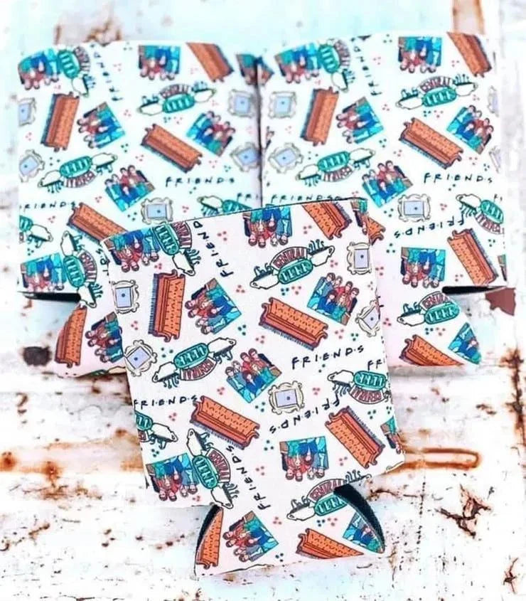 Boho Friends Print Koozie with colorful hand-sewn plush design for regular and slim cans