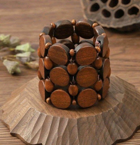 Brown Wood Circular Art Deco Stretch Bracelet - The Bling Barn