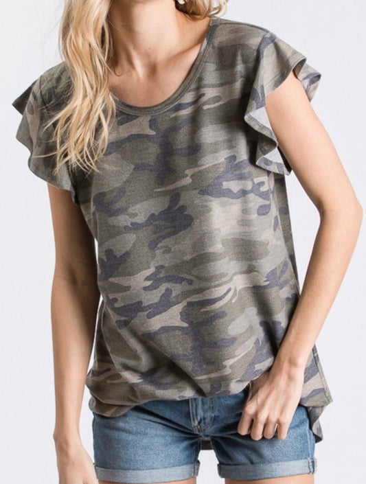 Curvy Camo Flutter Sleeve Top - The Bling Barn