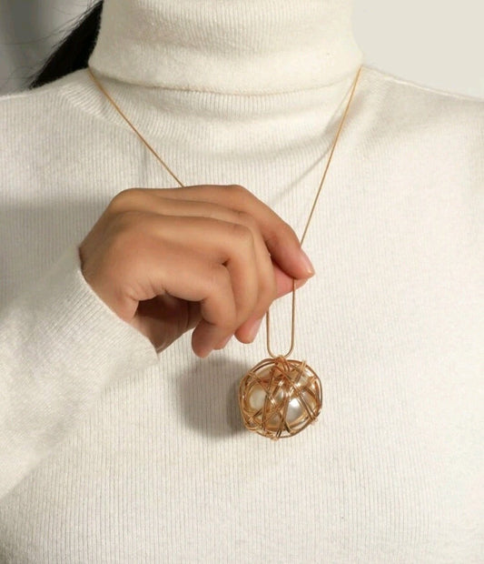 Gold Wire Wrapped Oversized Faux Pearl Long Chain Necklace - The Bling Barn