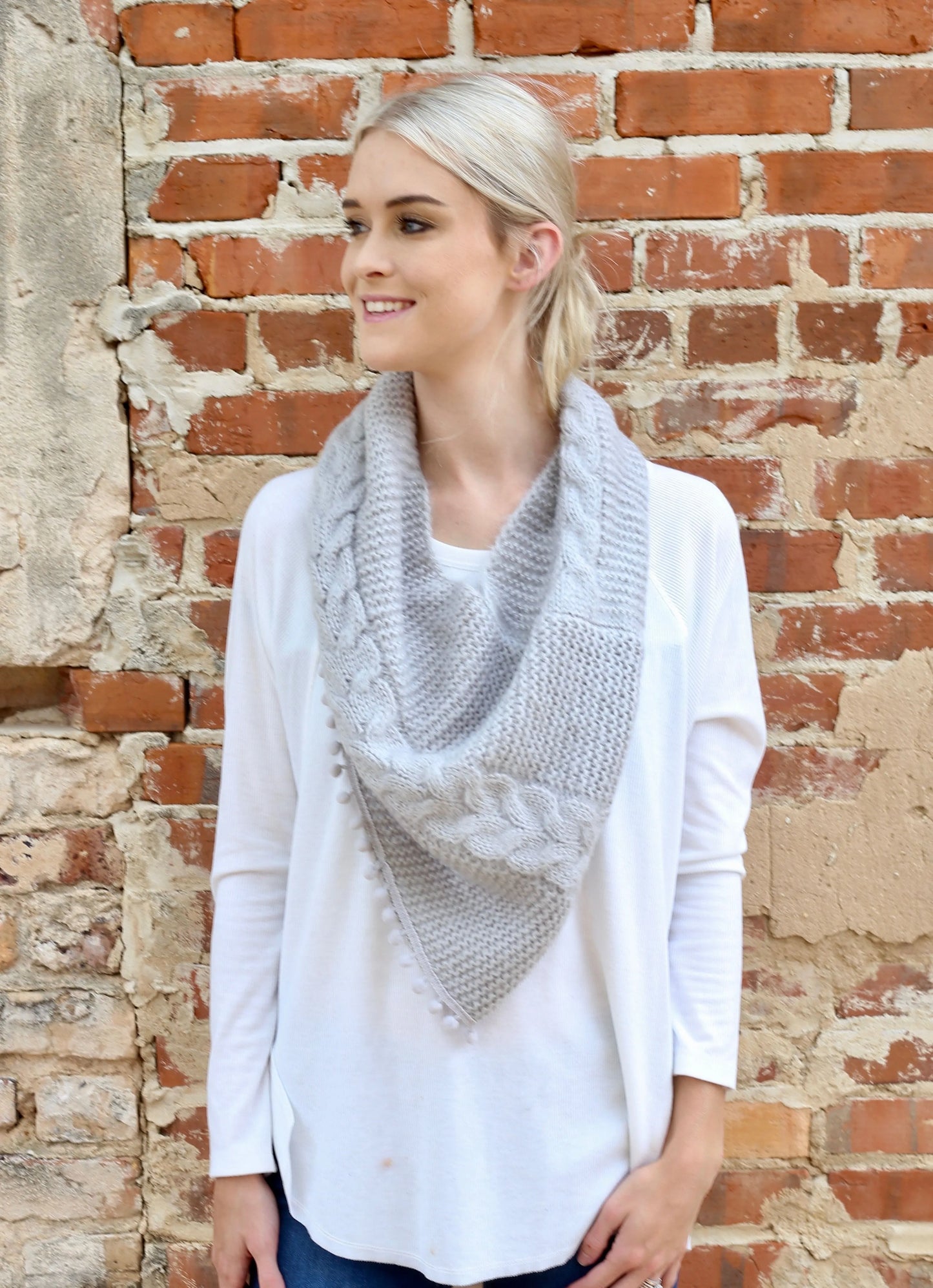 Aisha Loop Scarf with Pop Pom Trim LIGHT GRAY