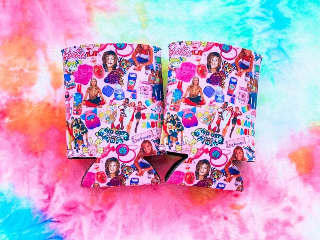 Just A 90's Girl plush hand-sewn koozies for regular and slim cans with nostalgic 90s design