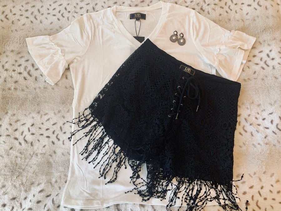 L&B Lace Fringe Black Shorts with Tie Up Front - The Bling Barn