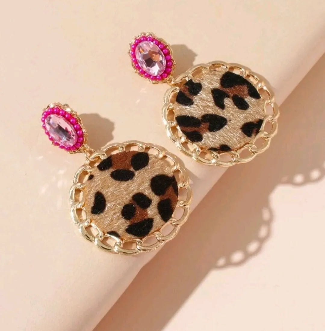 Leopard and Pink Bling Round Earrings - The Bling Barn