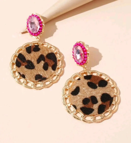 Leopard and Pink Bling Round Earrings - The Bling Barn