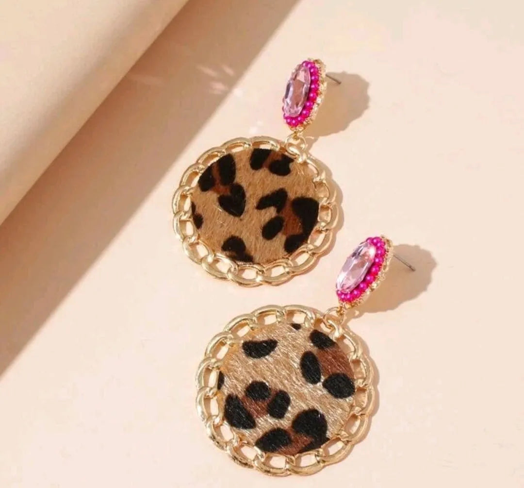 Leopard and Pink Bling Round Earrings - The Bling Barn