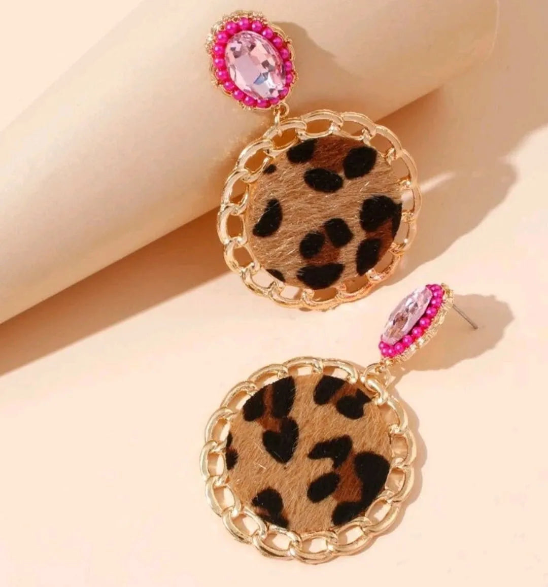 Leopard and Pink Bling Round Earrings - The Bling Barn